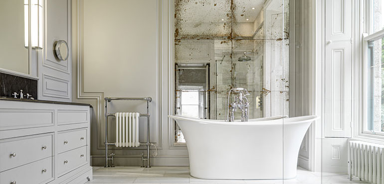 Distressed Antiqued Mirror Glass Verre Eglomise Restoration Bronze Panelled Bathroom Mirror